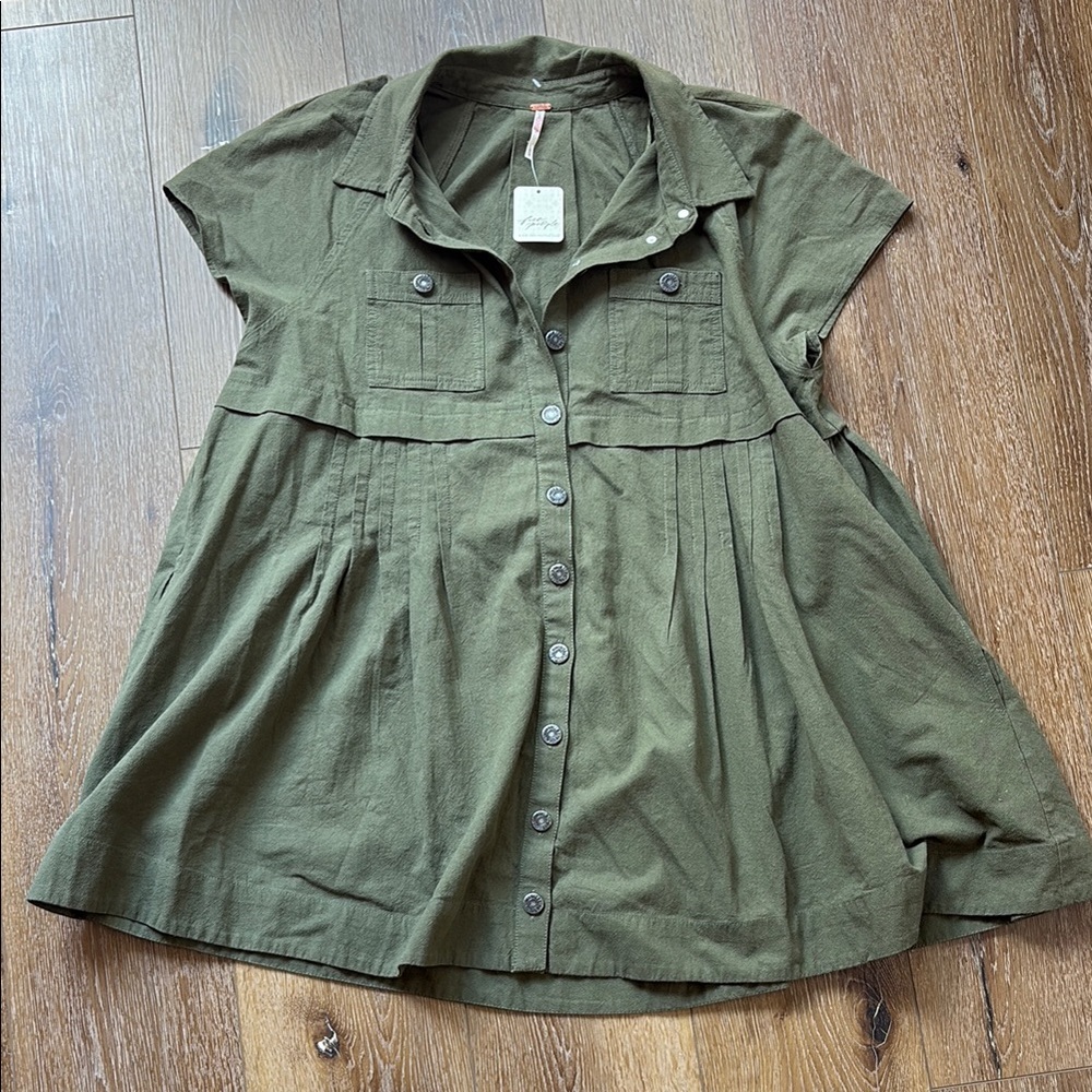 Free People Olive Green Button-Front Mini Dress